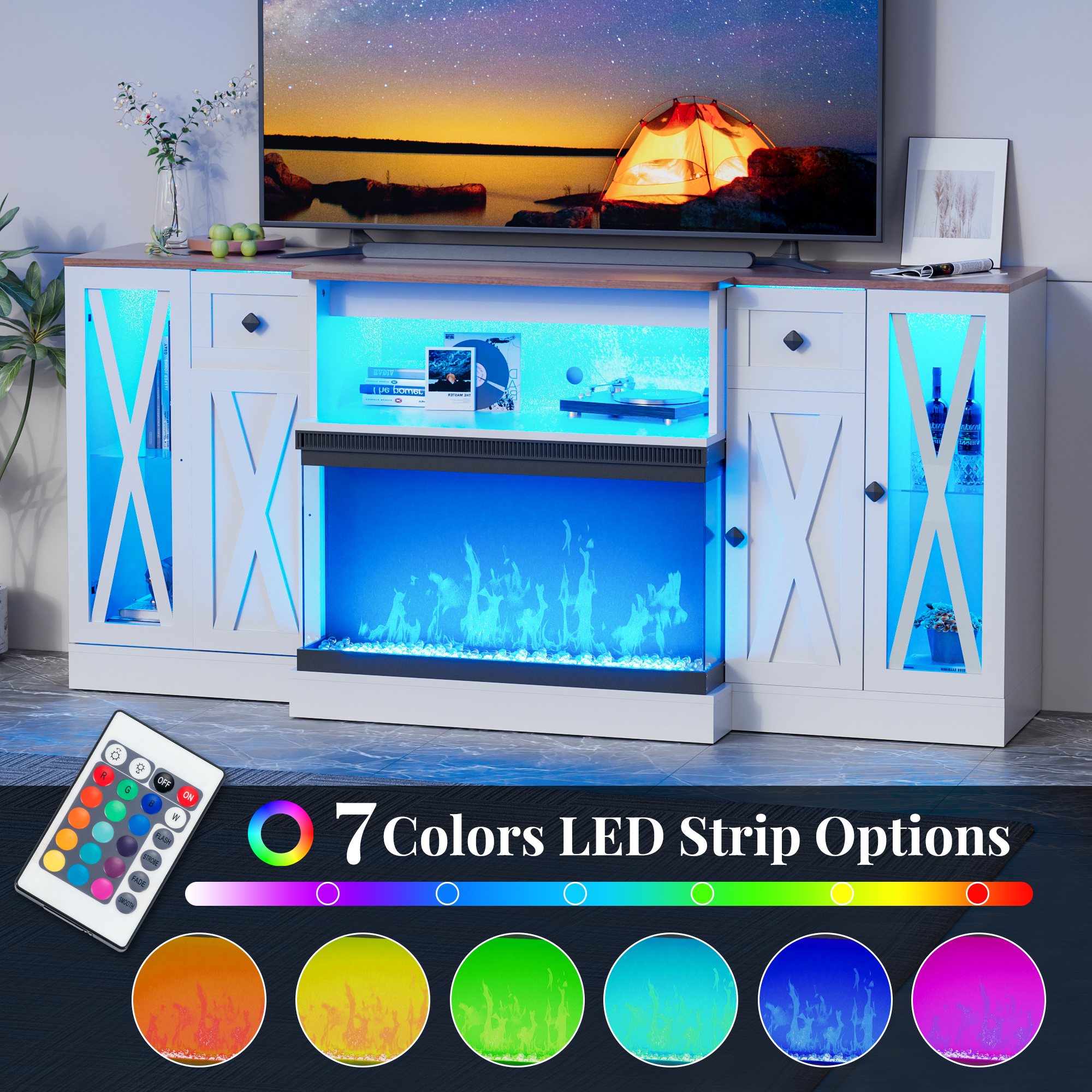 LVUYOYO 3-Sided Glass Farmhouse Electric Fireplace TV Stand, Farmhouse Entertainment Center with 36" Fireplace & LED Lights,  70'' Large TV Stands
