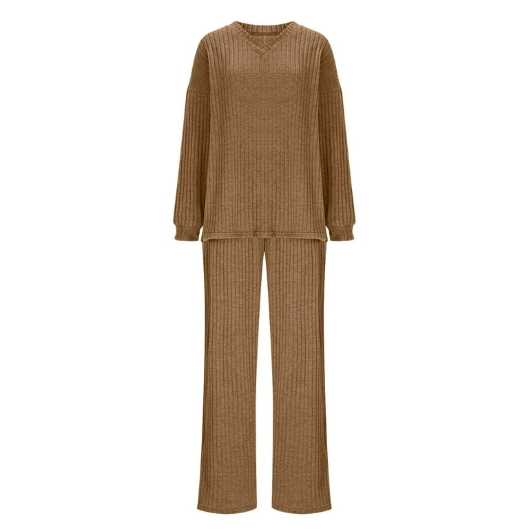 2 Piece Lounge Sets for Women Stripe Knit Casual V Neck Long