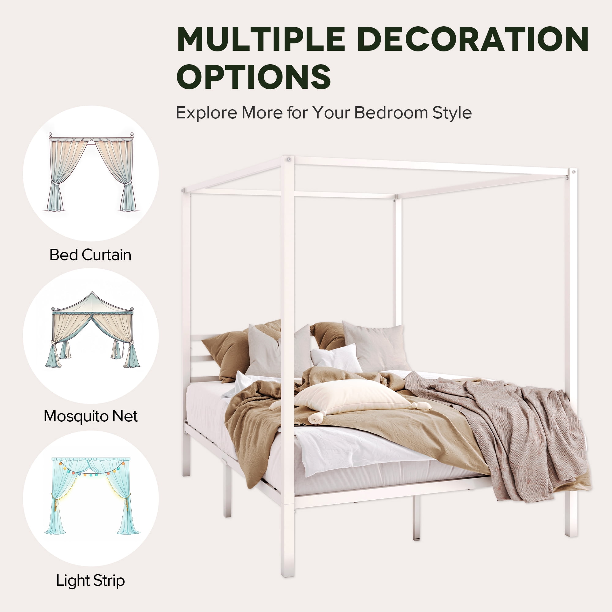 Einfach Full Size Canopy Bed Frame with Metal Headboard, No Box Spring Needed, White