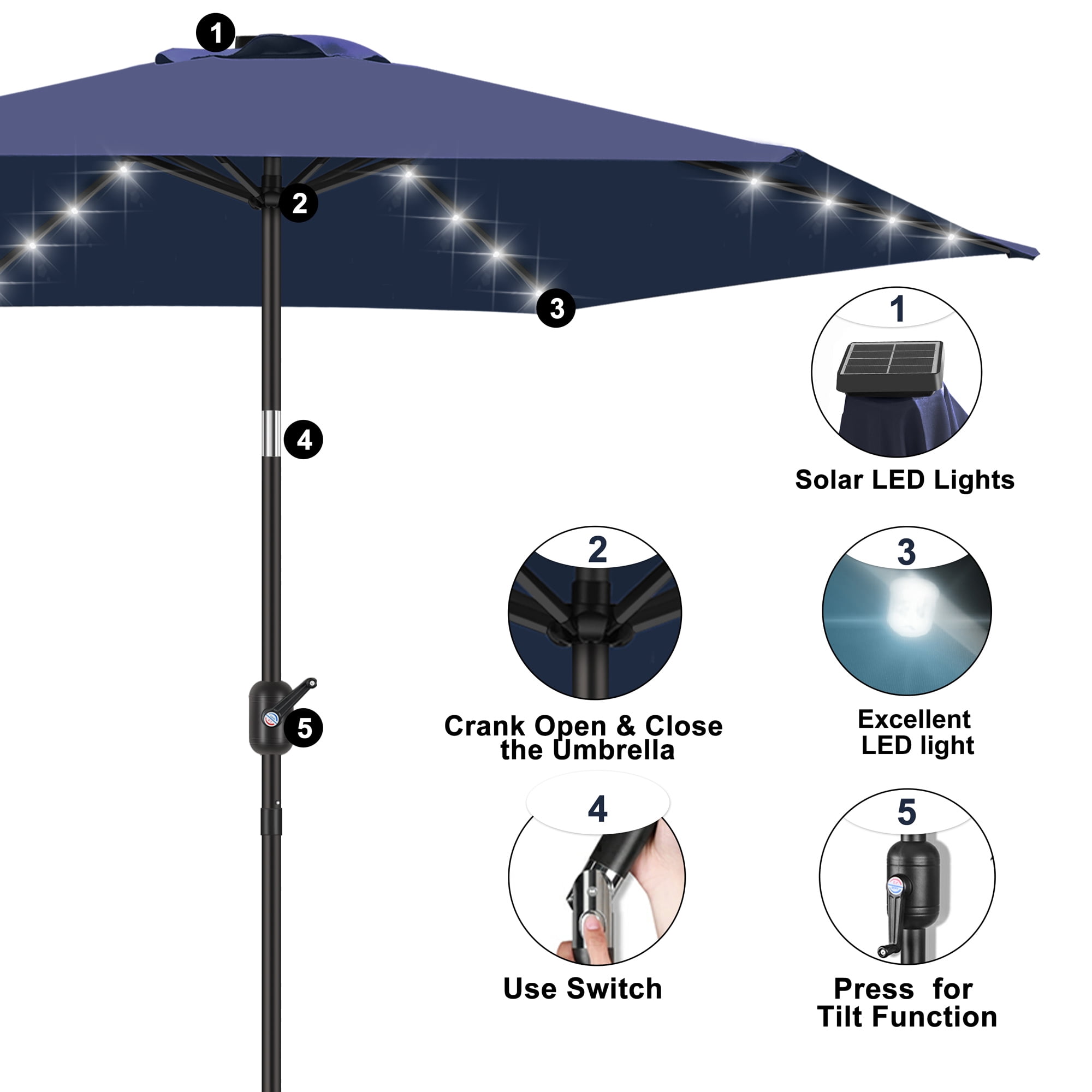 Scafild | 7.5 Ft Solar LED Light Patio Umbrella Outdoor W/ Easy Tilt - Navy