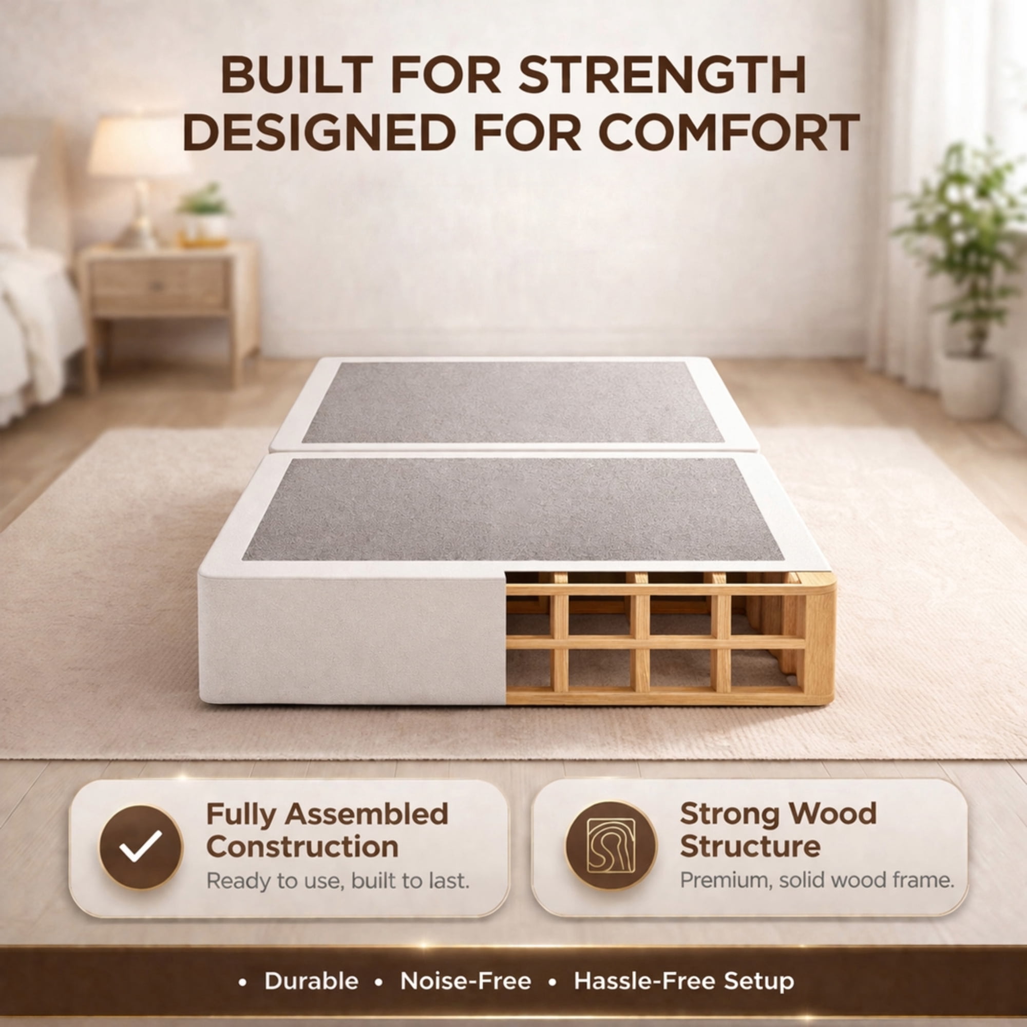 Continental Sleep, Box Spring Bed Base Twin Size, 8-Inch Wood Mattress Foundation, Quiet Noise Free, 2-Pieces Under Mattress Support BoxSpring, Fully Assembled, White
