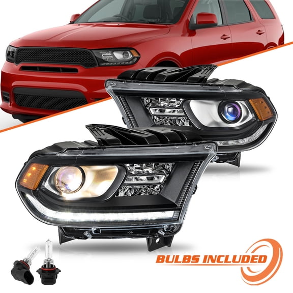 Pair For 2014-2020 Dodge Durango Halogen Black Headlights W/LED DRL Projector