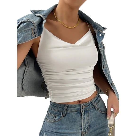 Women'S Silk Satin Camisole Cowl Neck Tank Top Silky Basic Tank Shirt White L