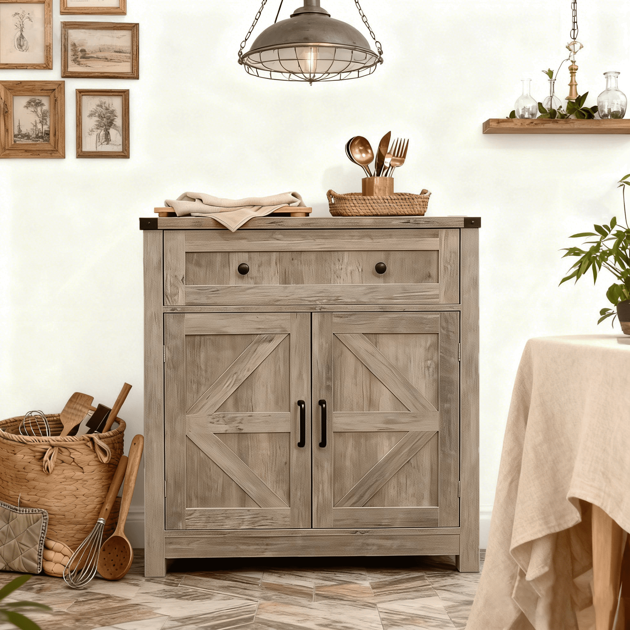 Mintazer Farmhouse Sideboard Cabinet with Barn Doors & Drawer, Rustic Storage Cabinet for Kitchen & Living Room, Grey