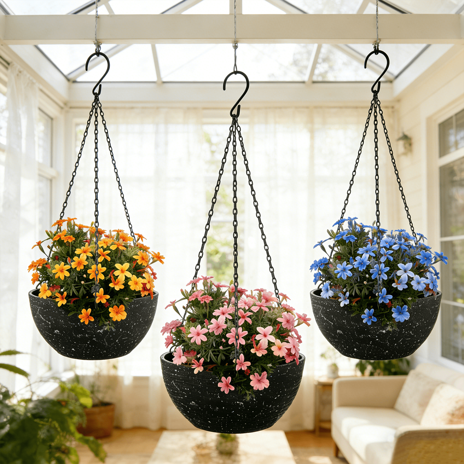 3 Pack Hanging Planters for Indoor Outdoor Plants, LAIJAUR 9 Inch Flower Pots with Drainage Holes and Chains, Plastic Hanging Baskets with S-Hooks for Home and Garden Decor, Black