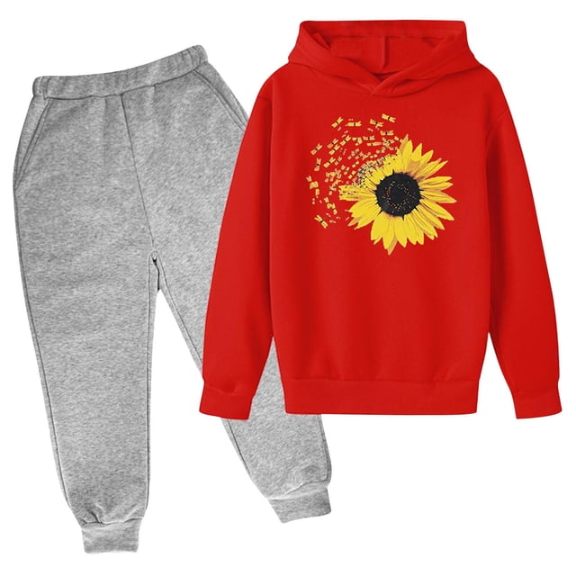 RXIRUCGD Mode Filles et Garçons Enfants Décontracté Manches Longues Imprimé Tournesol Hauts Ensemble à Capuche Manches Longues (Rouge, Taille : 9 Ans)