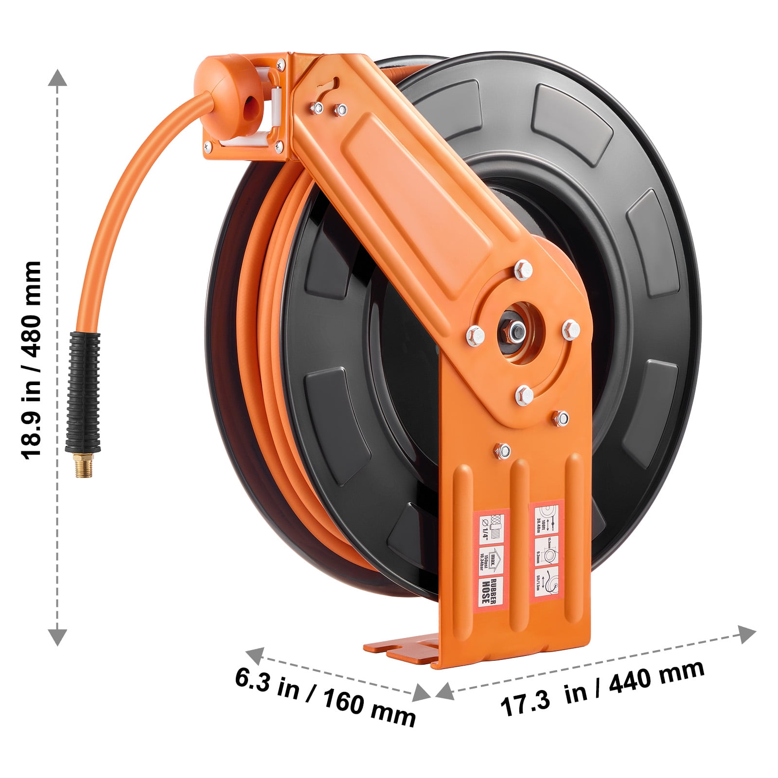 KFFKFF Retractable Air Hose Reel, 3/8IN x 100FT Durable Rubber Air Hose with a Maximum of 300PSI, Air Pump Hose Reel with 5FT Initial Lead in, Mountable on Ceiling/Wall