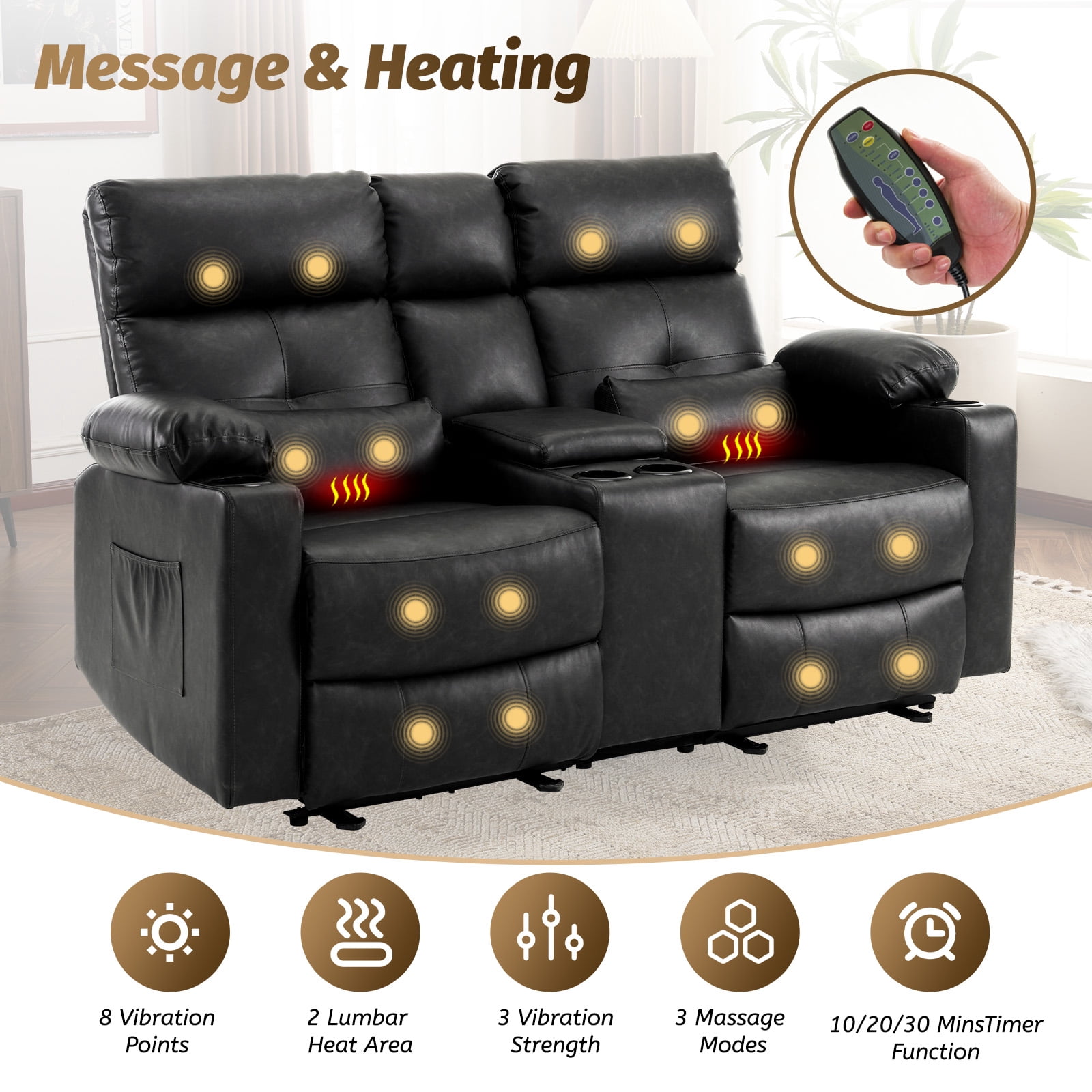 PYOIER Reclining Loveseat Sofa With Massage & Heating, Black