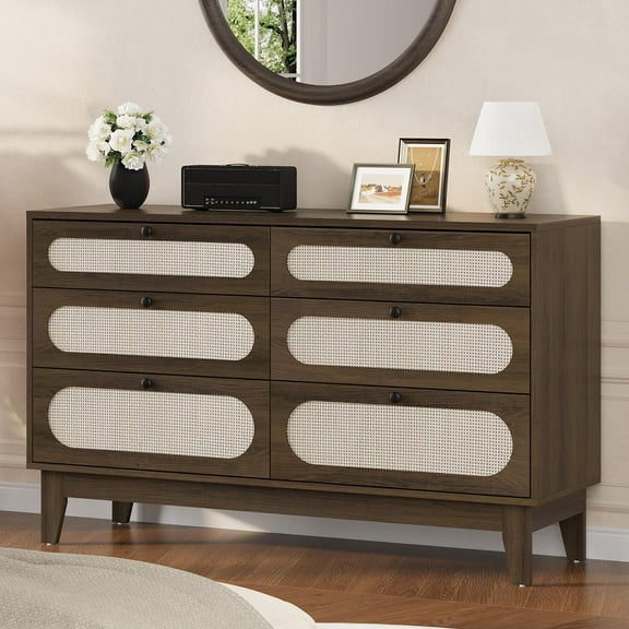 Brown Dresser with Charging Station 6 Drawer Rattan Wood Chest with Solid Legs Multi Size Storage Cabinet for Bedroom Living Room Dark Wood