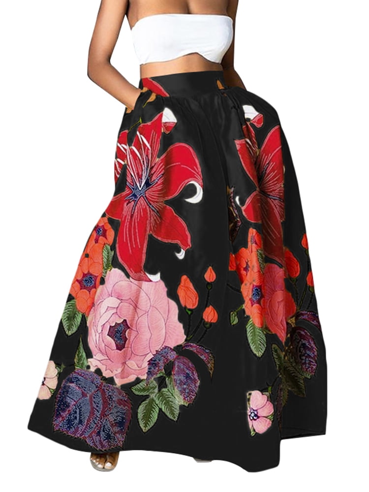 Celmia Women Vacation High Waist Elastic Back Pockets Leaf Print Skirt