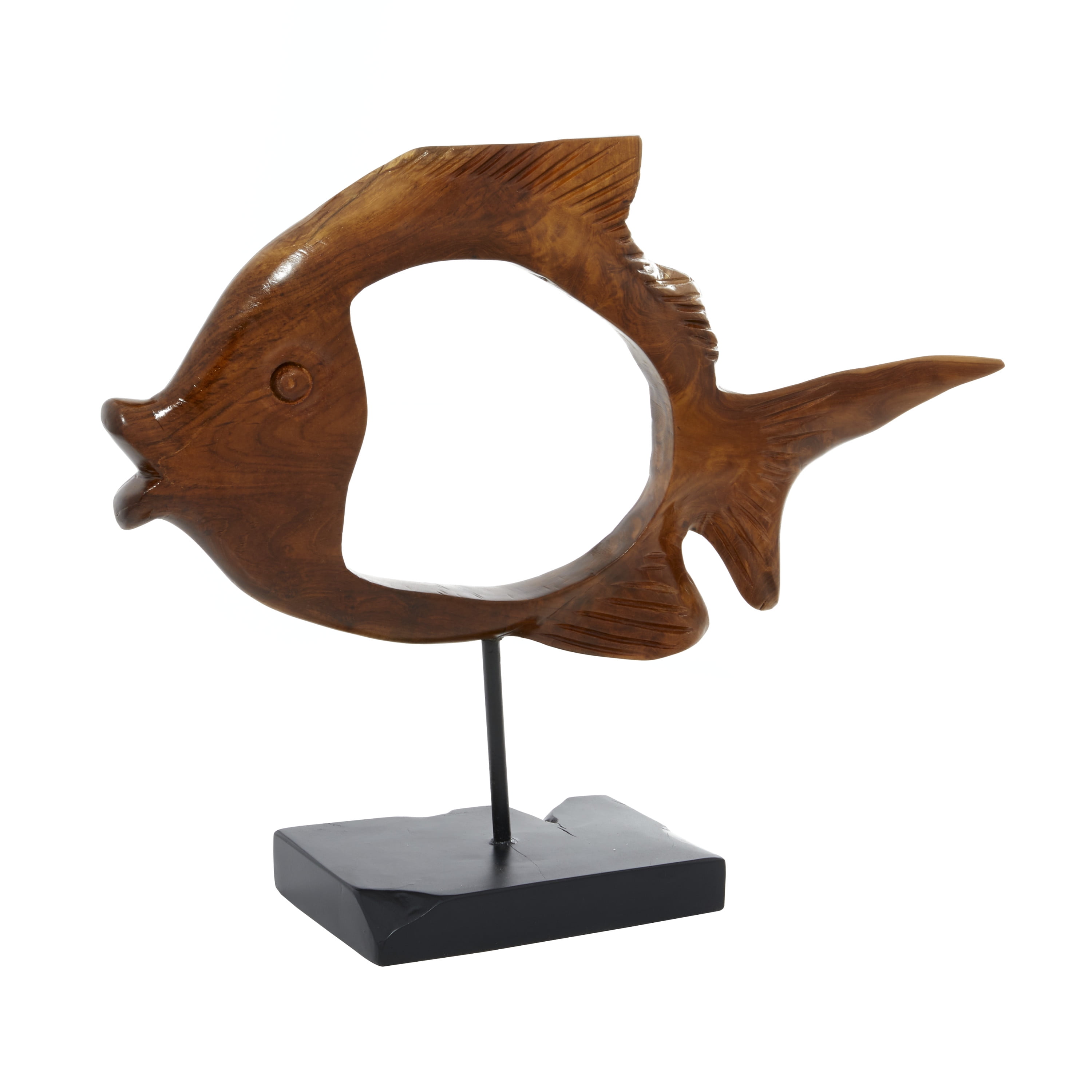 19" x 16" Brown Teak Wood Handmade Carved Fish Sculpture with Stand, by DecMode