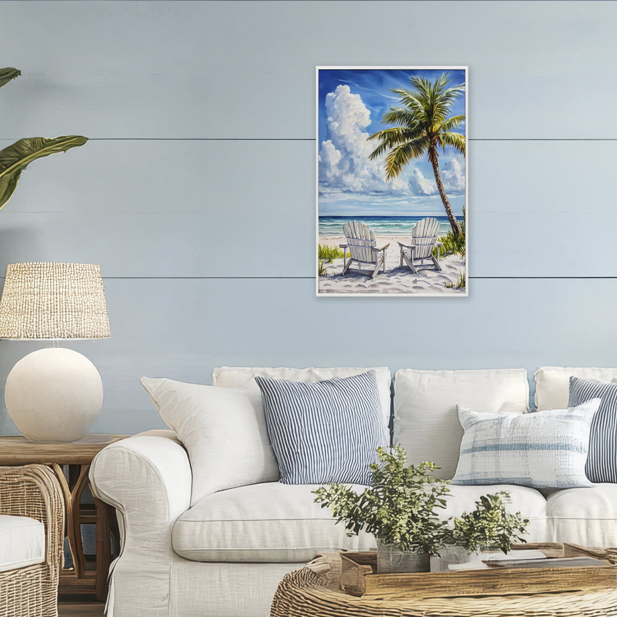 Stupell Industries Clouded Beach with Looming Palm White Framed Giclee Art, design by Petal Prints Design