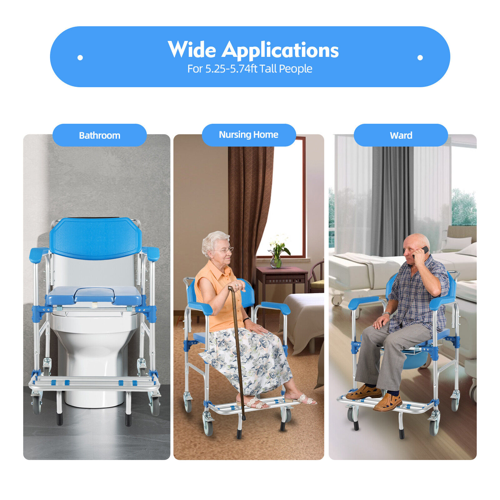 Elderly Shower Wheelchair,350lb Beside Commodes,Shower Potty Transport Chair,Bath Wheelchair Hight Adjustable,Flip Up Footrests Perfect for Handicap Disabled Travel Use