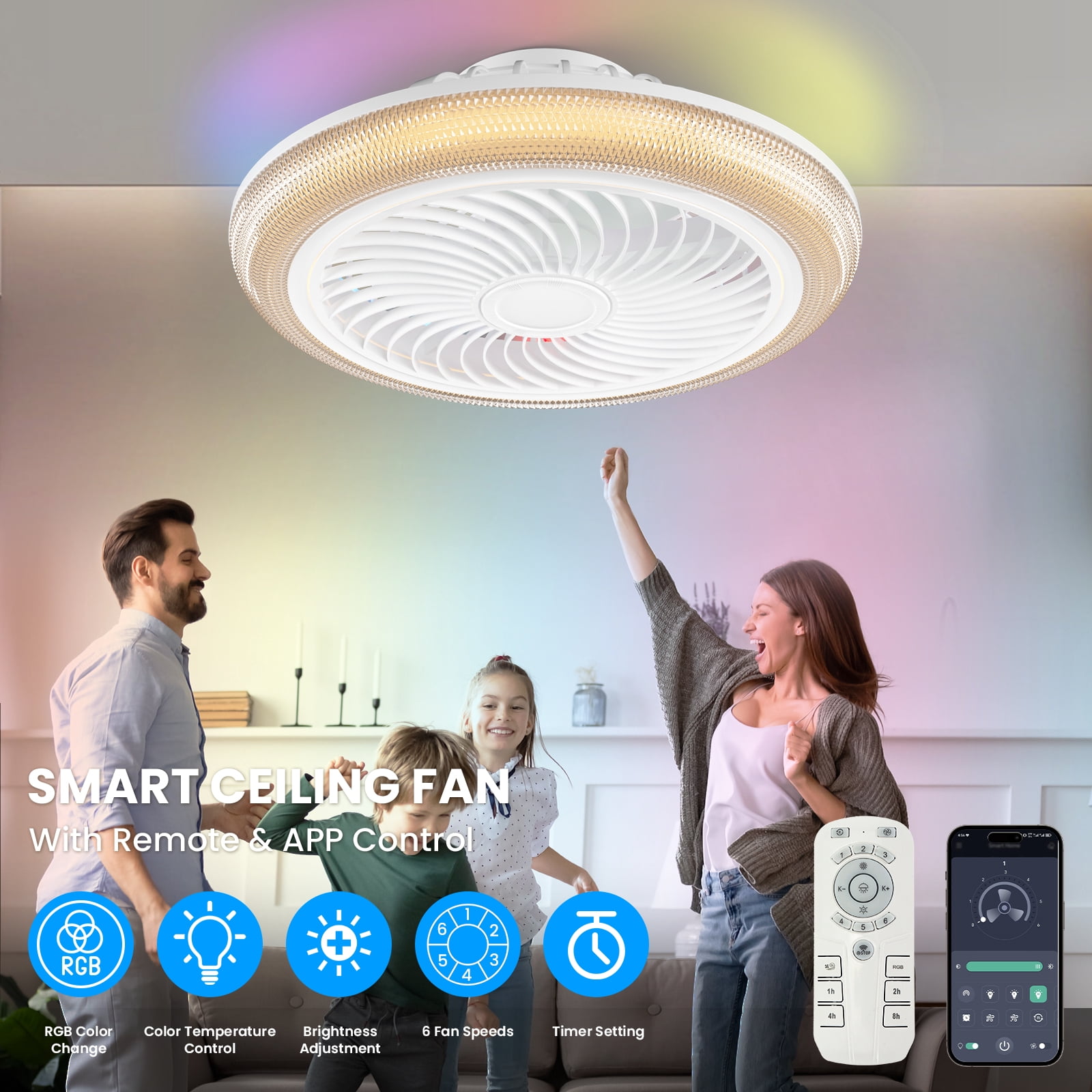 BLITZWILL 18" Ceiling Fan with Lights, With RGB Back Ambient Light,Remote & APP Control,Dimmable Color Temperature and 6 Wind Speeds & Timing,Bladeless Enclosed Ceiling Fans