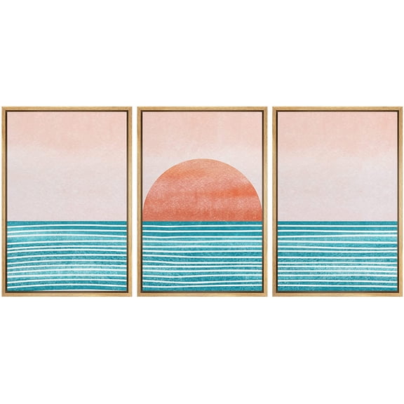 wall26 Framed Canvas Print Wall Art Set Mid-Century Ocean Sunset Sun Horizon Nature Abstract Illustrations Modern Art Bohemian Decorative for Living Room, Bedroom, Office - 24"x36"x3 Natura