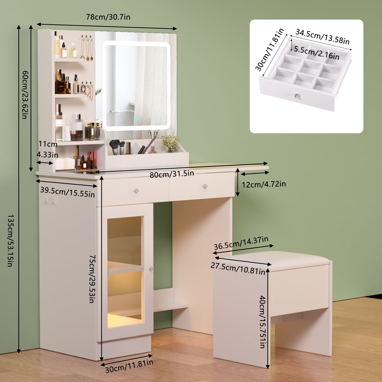Yoneston Makeup Vanity Desk Set with Adjustable Lighted Mirror and USB Charging, Dressing Table with Storage Stool and Foldable Side Board and 2 Drawers for Bedroom, White