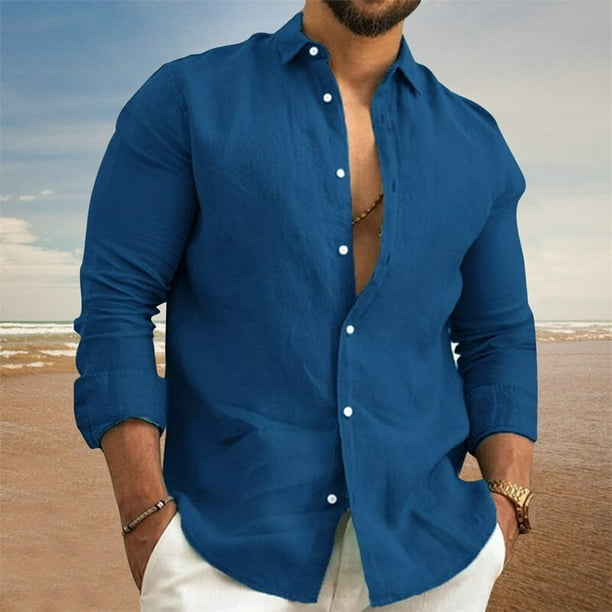 Camisas informales de lino y algodon para hombre camisa de manga larga cuello vuelto Color solido moda primavera y otono 2023 Walmart en linea