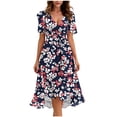 thumbnail image 2 of Uscallm Women Plus Size V Neck Short Sleeve Floral Boho Midi Dresses Tie Waist A-Line Casual Vacation Beach Sundresses, Black 3XL, 2 of 6