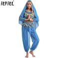 thumbnail image 2 of Disfraz de Halloween para mujer, lentejuelas brillantes, danza del vientre de la India, disfraz de Cosplay, Top corto con dobladillo Irregular y pantalones, pañuelo para la cabeza, 2 of 5