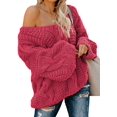 thumbnail image 1 of Women's Off Shoulder Long Sleeve V-Neck Ribbed Cable Pullover Sweaters Loose Fitting Jumper Tops, 1 of 6