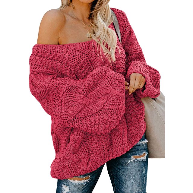 Women's Off Shoulder Long Sleeve V-Neck Ribbed Cable Pullover Sweaters Loose Fitting Jumper Tops