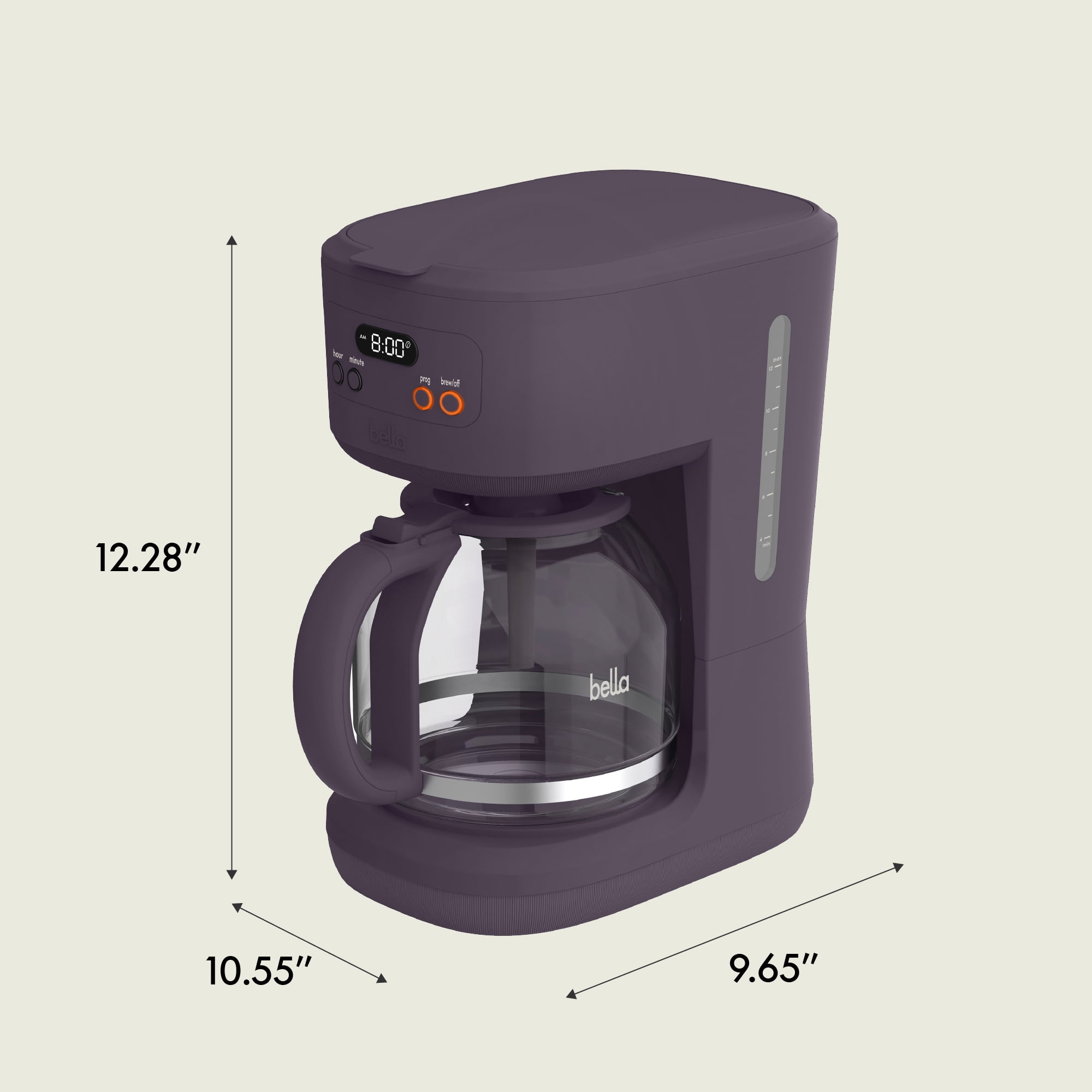 bella 12 Cup Programmable Drip Coffee Maker with Glass Carafe, Auto Shut-Off, Plum