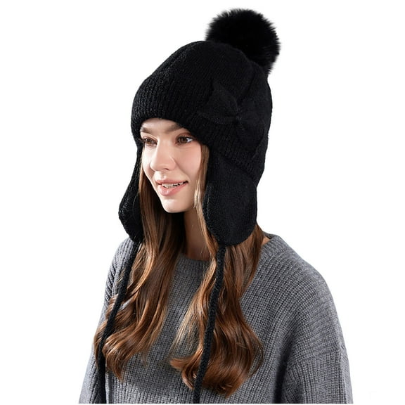 Womens Winter Trapper Hats with Pompom Warm Snow Wear Fuzzy Cap Ear Flaps Outdoor Ski Beanies Black