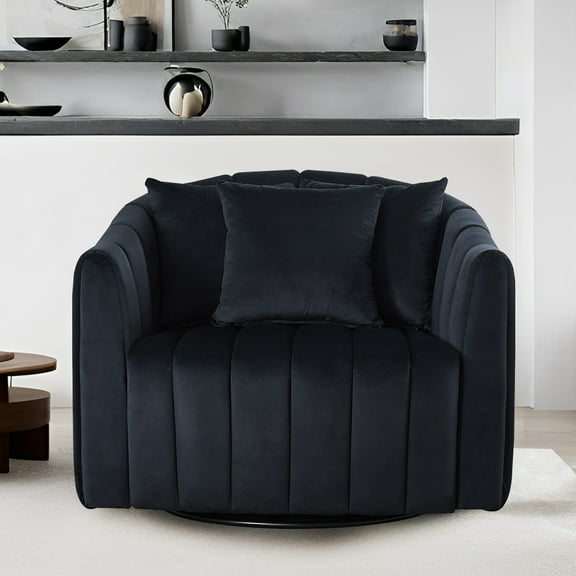MDQMD Oversized Swivel Accent Chair Plush Upholstered Velvet Barrel Armchair with 3 Pillows, Comfy Lounge Chair for Living Room Bedroom Office Black 40.3"Lx35.2"Wx31.5"H