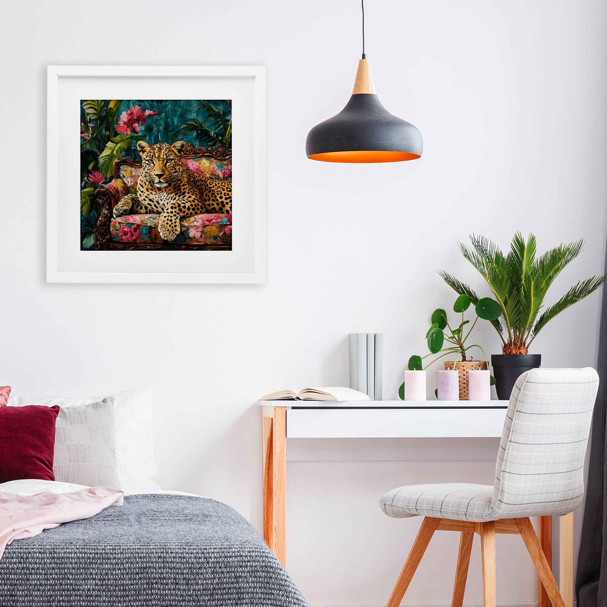 Stupell Industries Fashionable Leopard on Floral Sofa White Framed Print Under Glass, design by Petal Prints Design