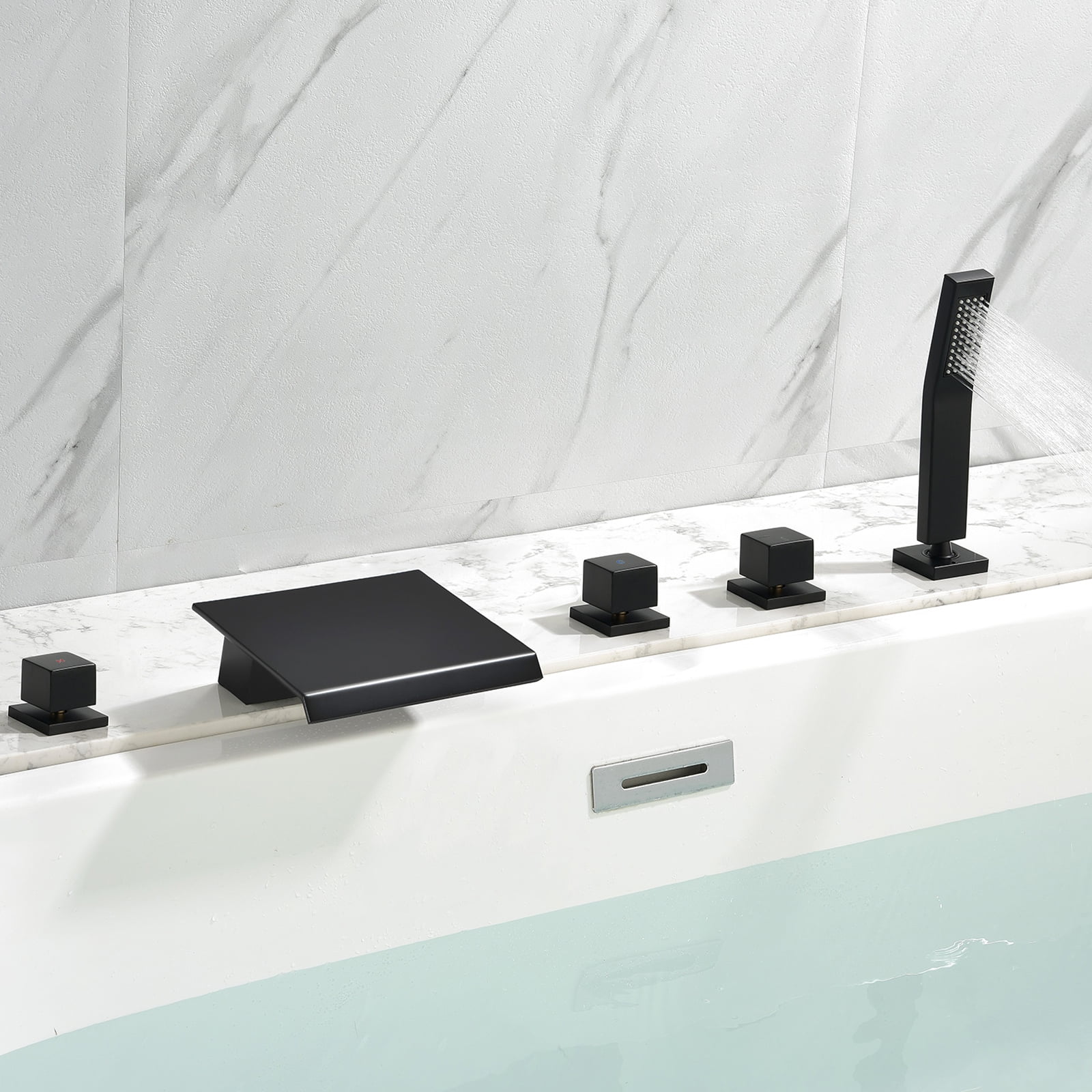 Cobbe 5-Hole Deck Mount Bathroom Bathtub Faucet with Hand Shower, 7.87-Inch and Wide Waterfall Spout Matte Black