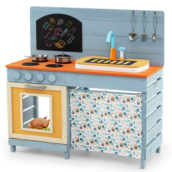 Costway Play Kitchen for Kids Wooden Toy Kitchen Playset with Removable Circulation Faucet