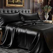 PixelForge Queen Satin Sheet Set, Silky Satin Bed Sheets, Silk-Like Sheets for Hair & Skin, 4 Piece, Black, 14 Deep Pocket