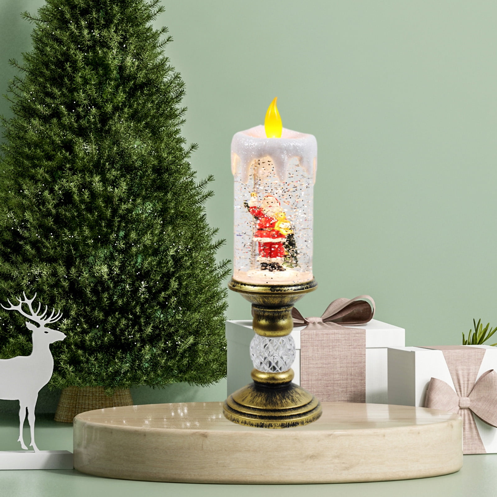 Dengmore Christmas Ornament Resin Luminous Santa Snowman Imitation Candle Light with Music Box LED Flameless Flickering Candle Lights Retro Night Light for Living Bedroom Xmas Decor