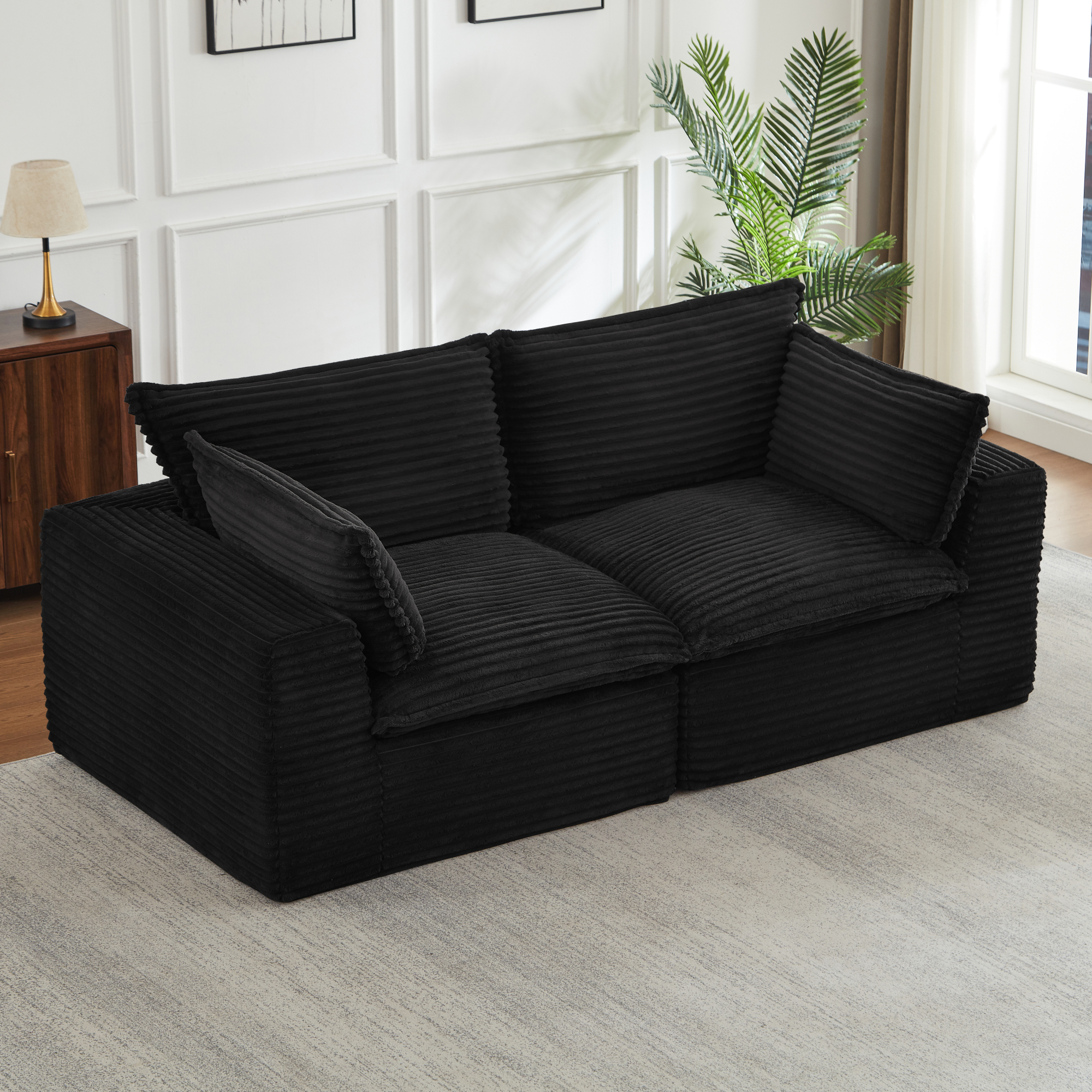 Leumius 3-Seater Boneless Sofa Couch,Modern Corduroy Sofa with Pillows,Bean Bag Couch for Living Room,No Assembly Required,Black