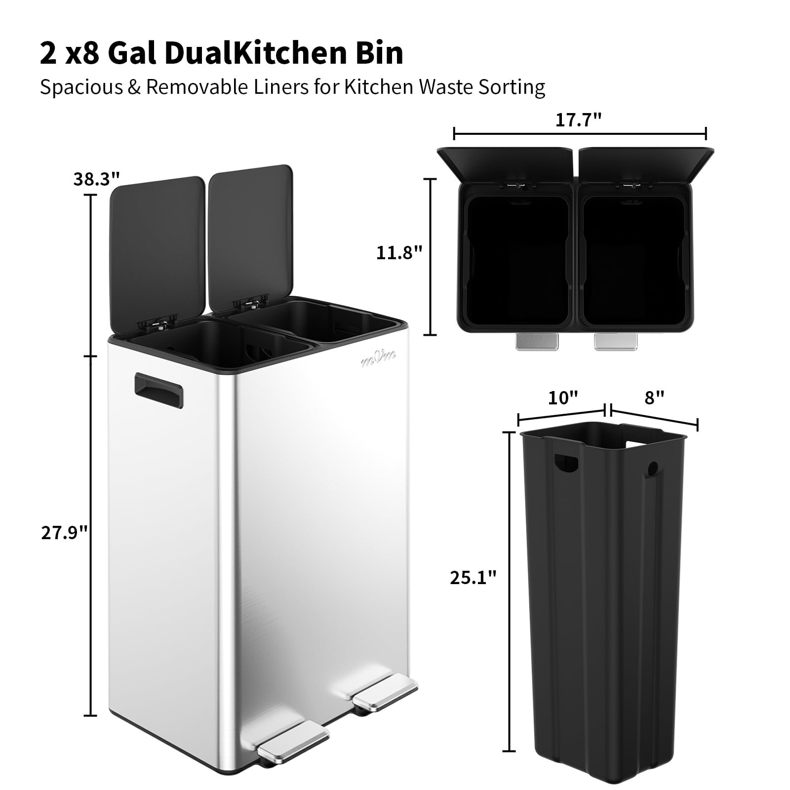 mVm 16 Gal Dual Recycle Trash Can with ABS Lids, Stainless Steel Garbage Can (Silver)