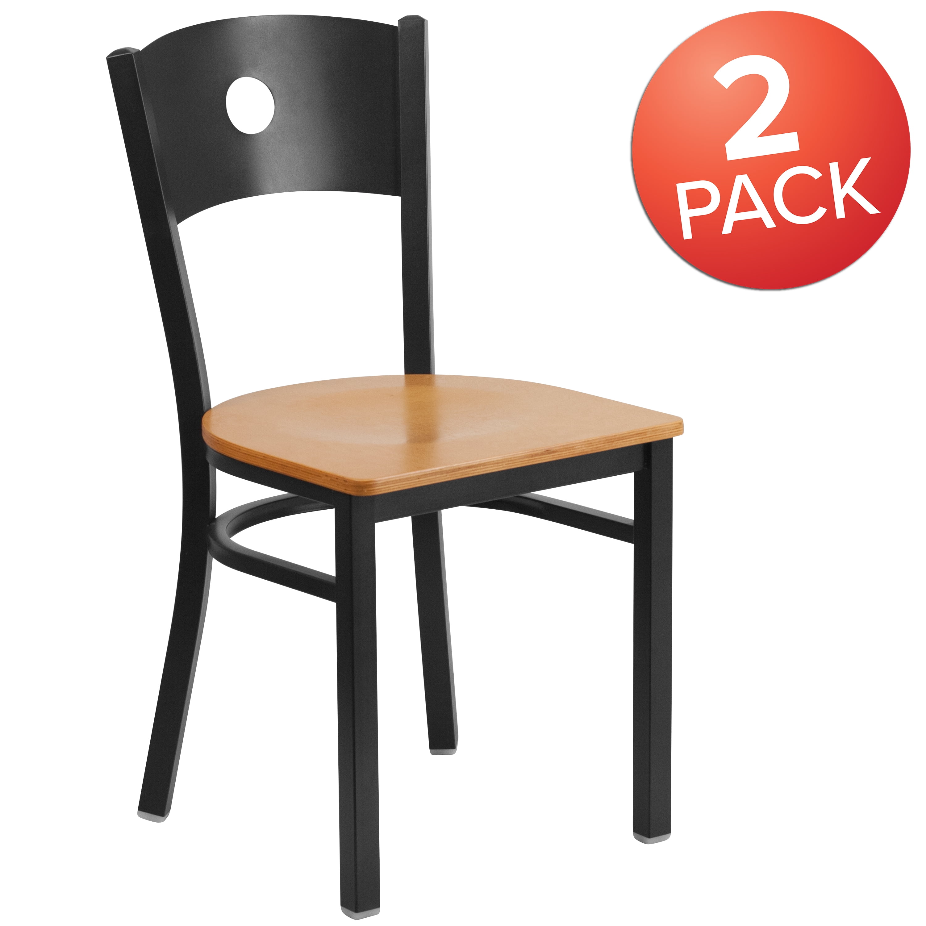 Flash Furniture 2 Pk. HERCULES Series Black Circle Back Metal Restaurant Chair - Natural Wood Seat