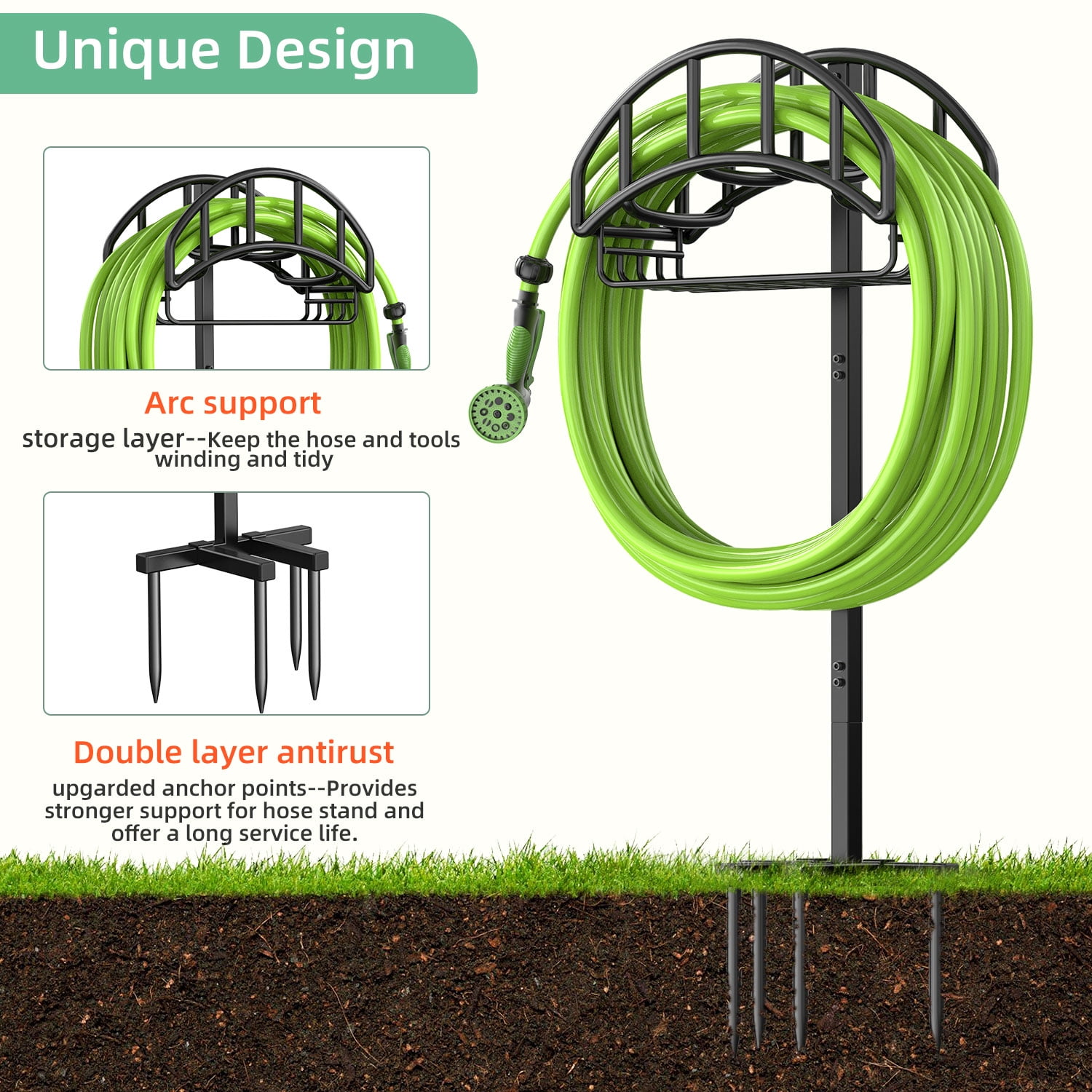Garden Hose Holder, Water Hose Stand Freestanding Metal Hose Hanger with  Tool Storage Basket, 4 Spikes Detachable Heavy Duty Hose Storage Stand for  Outdoor 