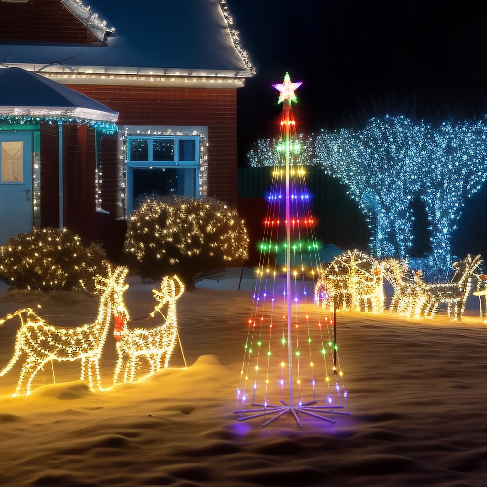 Oumilen Outdoor 6ft Lighted Christmas Tree LED Tree Solar Powered, Multicolor