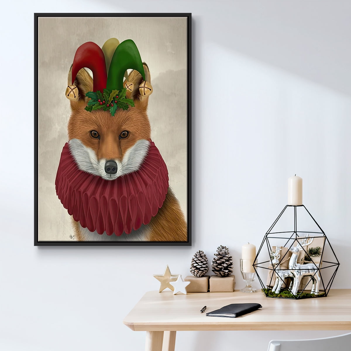 Christmas Foxy Christmas Fool - Framed Gallery Wrapped Holiday Canvas - 25 x 37 - Black Frame