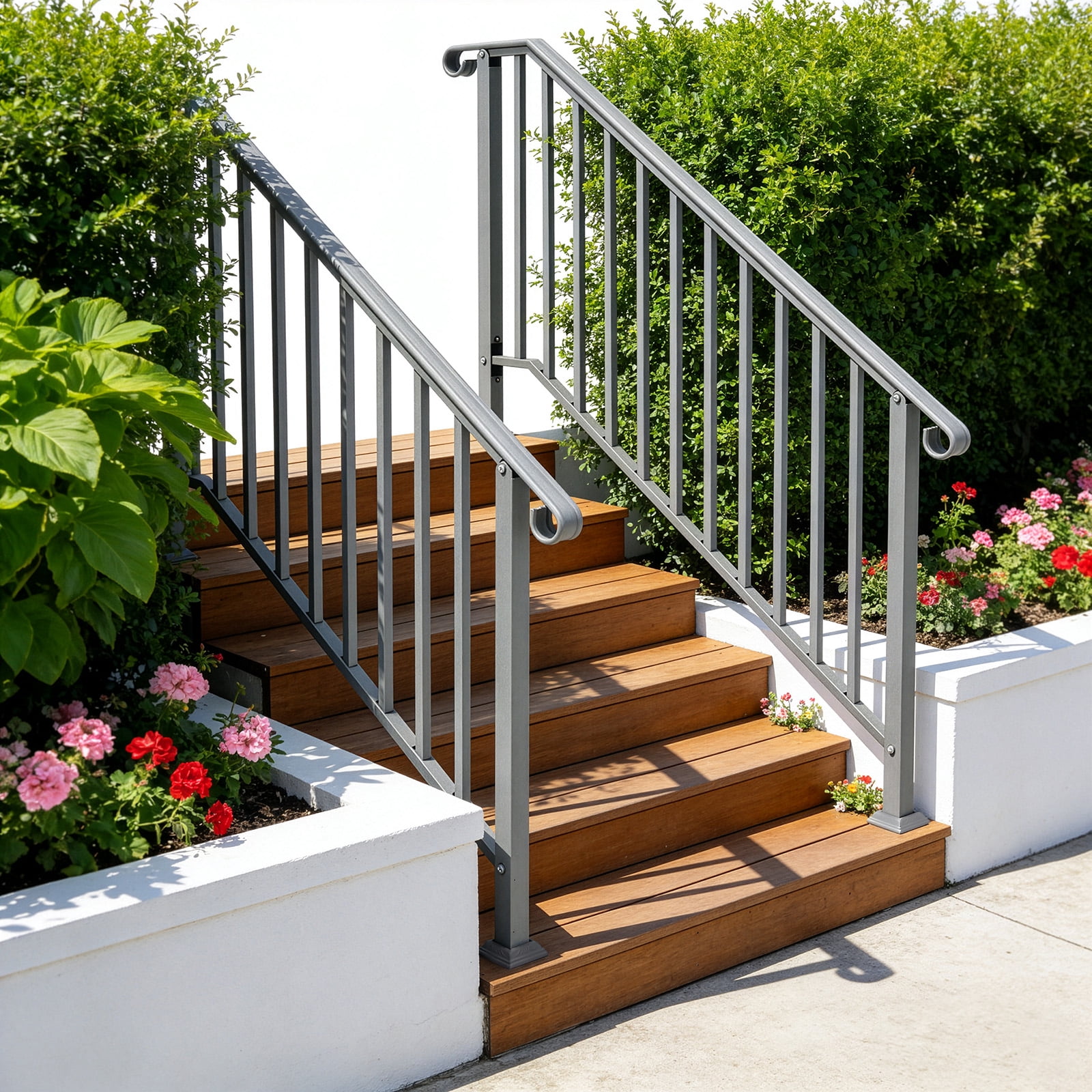 Silver Powder Coated Galvanized Iron Stair Handrail Curved Step Railing Fit 4-5 Steps Outdoor Garden Safety Iron Picket Rail With Installation Hardware