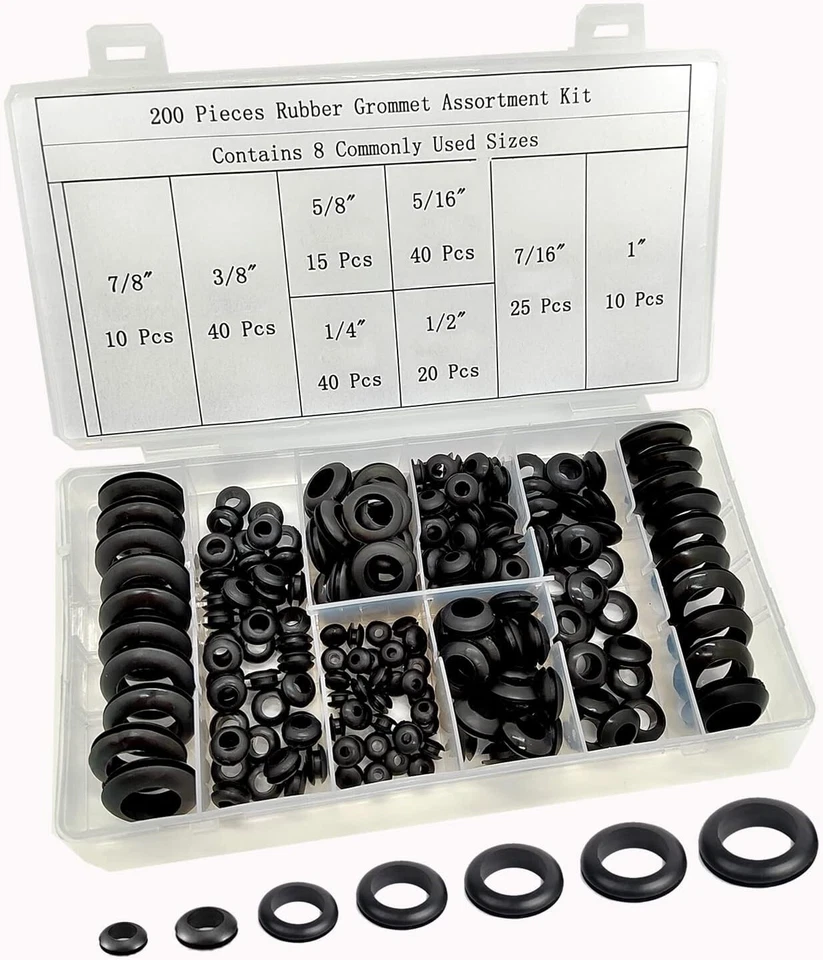 PRIME - 200Pcs Rubber Assortment Kit, 8 Sizes Rubber Grommets For Wiring Automotive