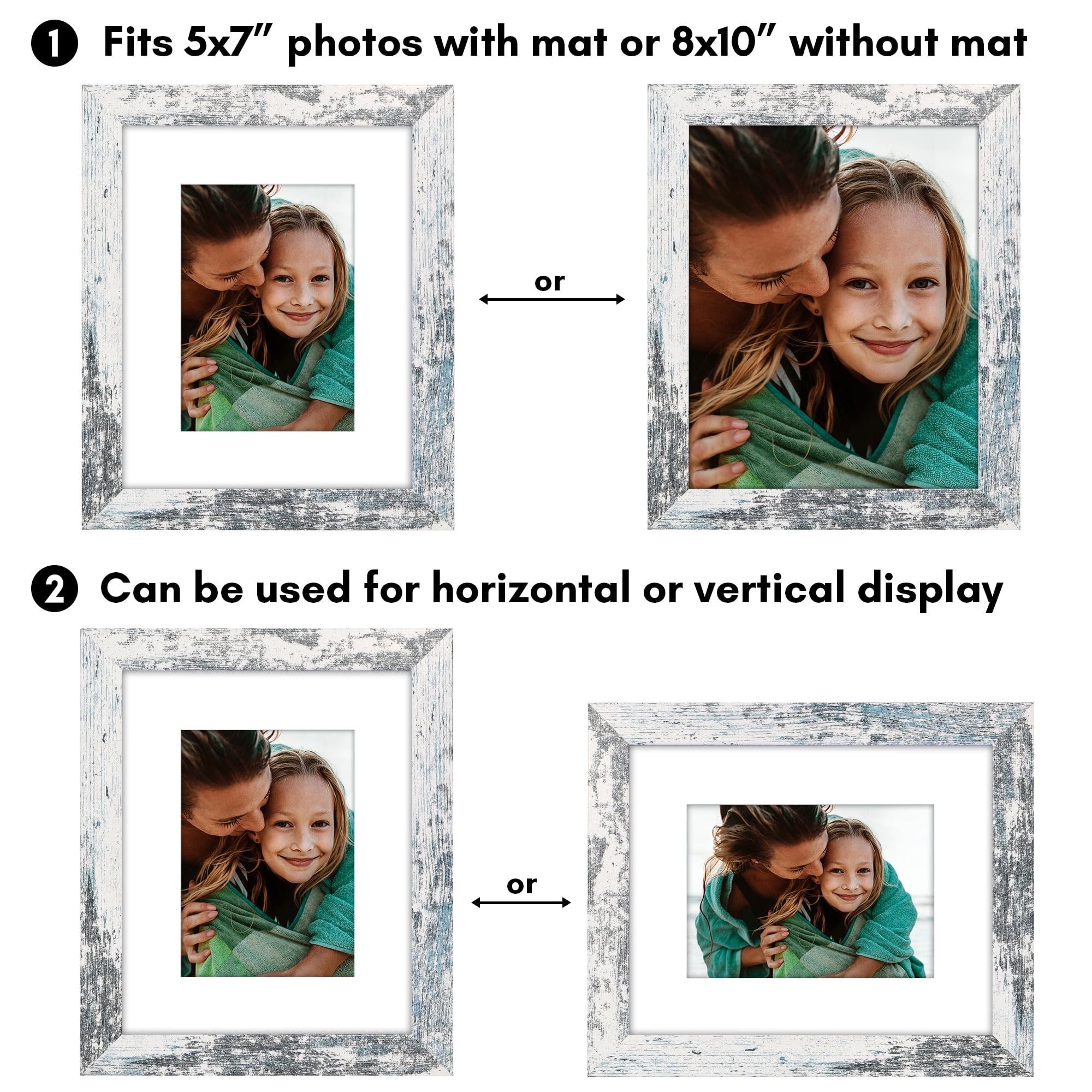 Americanflat 8x10 Picture Frame with Shatter-Resistant Glass Fits 5x7 Photos with Mat Hudson Distressed - White