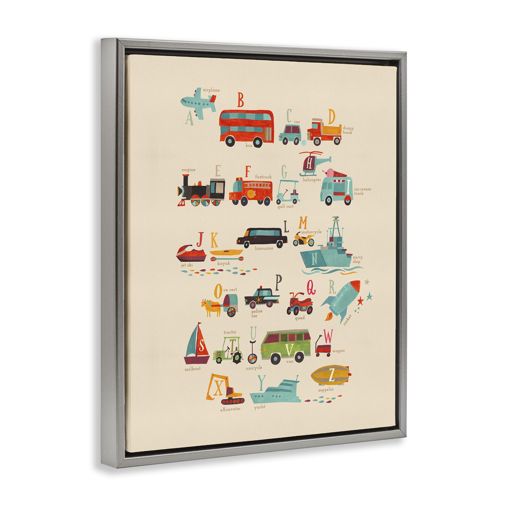Stupell Industries Transportation AZ Alphabet Education Painting Gray Floater Framed Canvas Art Print Wall Art, 17 x 21