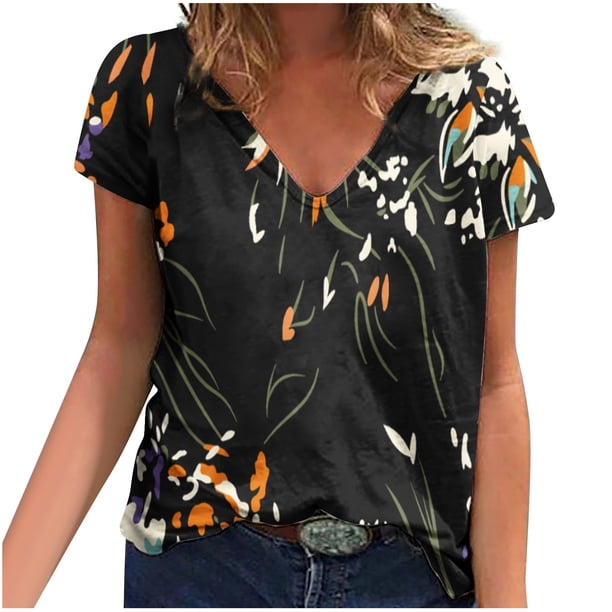 Camisetas con estampado floral con cuello en V para mujer Blusas femeninas cómodas a la moda Tops OAVQHLG3B Store lin121212
