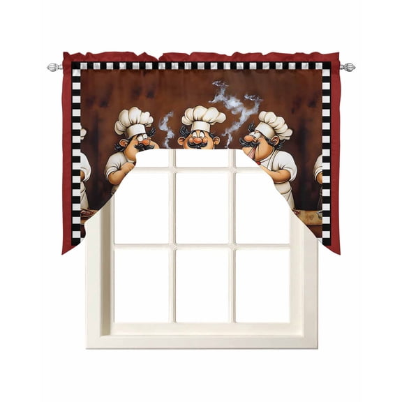 Fat Chef Kitchen Swag Valances for Windows, Cartoon Vintage Black Check Plaid Swag Valances Curtains for Living Room, Rod Pocket Window Treatments for Bathroom, Bedroom, Cafe, 56"x36"