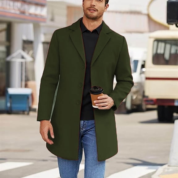 YueHuiYing Men's Fashion Solid Color Lapel Long Sleeved Side Pocket Mid Length Cardigan Jacket