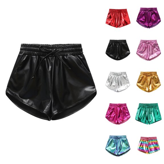 Shiny Metallic Wet Look Shorts for Boys Girls Elastic Waist Dance Shorts with Pockets for Stage Performance 4-11 Years