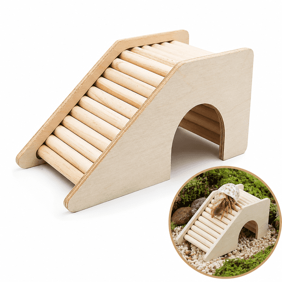 Artrylin Wooden Hermit Crab Hideout with Ramp, Natural Hermit Crab Hut & Climbing Toy – Reptile Terrarium Tank Accessory, Small Animal Hide Cave (Beige)