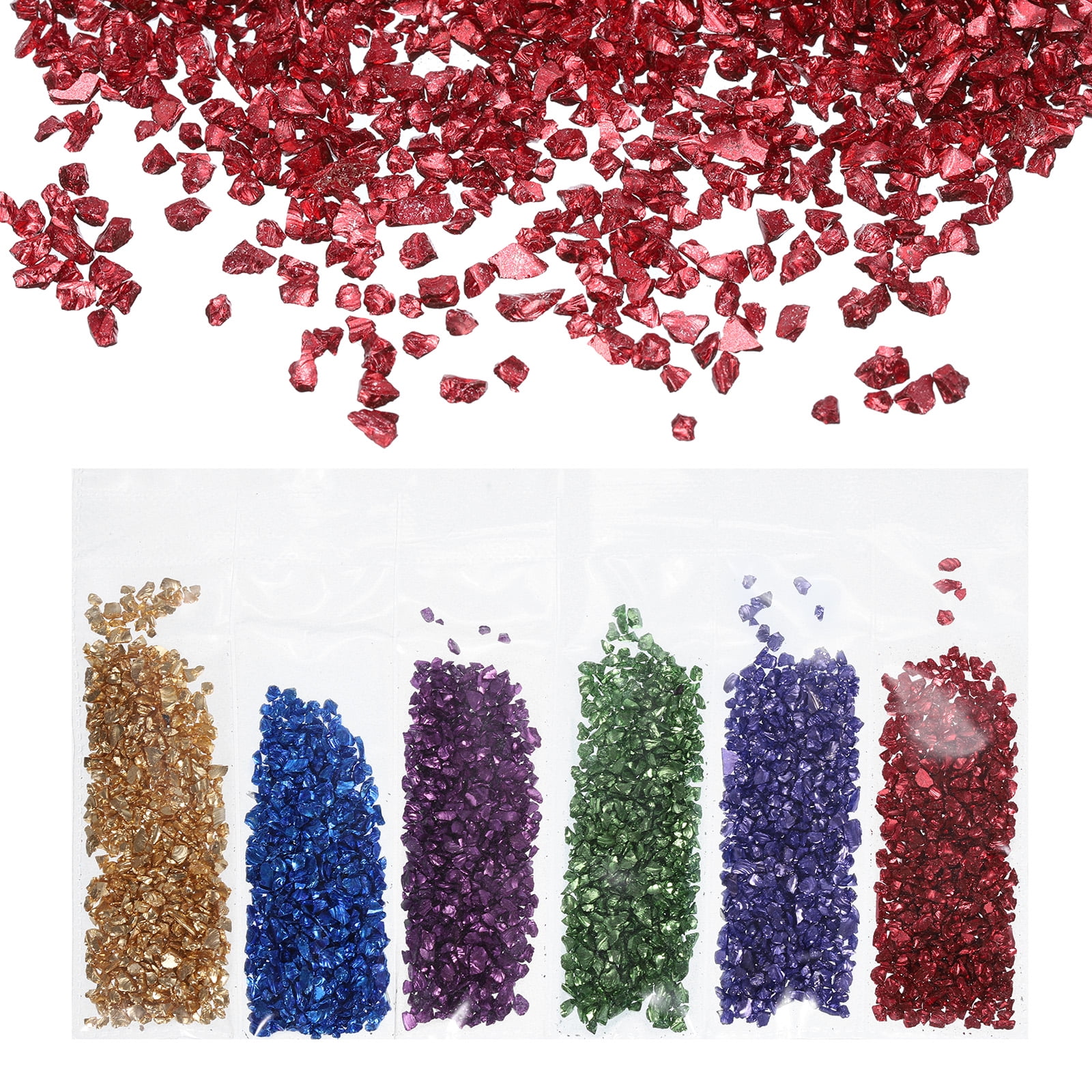 Uxcell 6Pcs Crushed Glass Chips High Luster Irregular Glass Chips 1.06 oz Gold, Blue, Purple, Light Purple, Green, Red