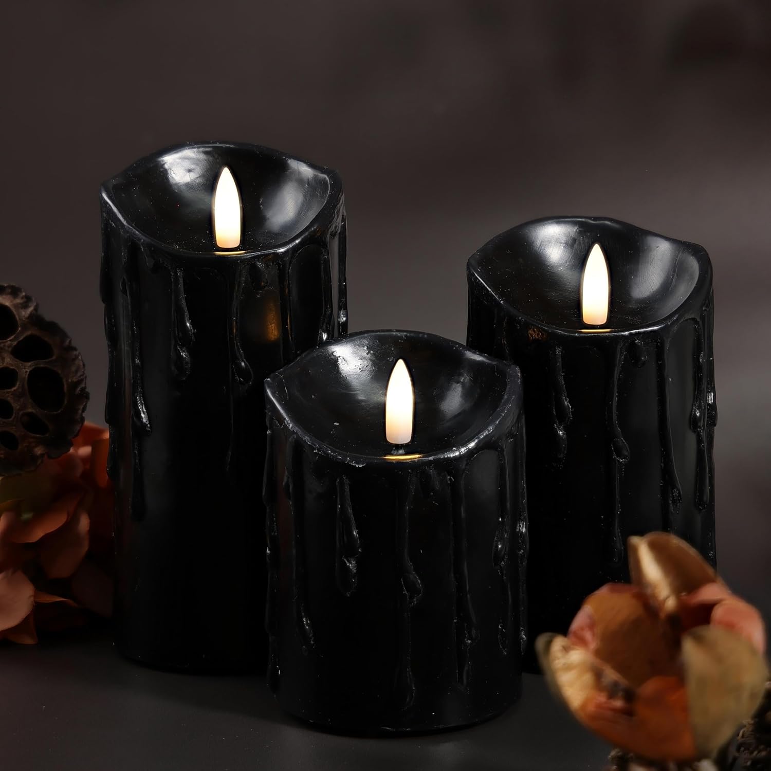 LumiPur Essentials Natural Glow Flameless Flickering Wax Drip Halloween Pillar 3 Pack LED Candles (3" x 4" 5" & 6") (Black, 3 Pack - 3" x 4" 5" & 6")